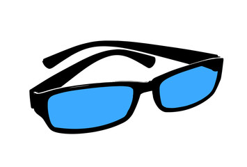 Black frame glasses with blue lens isolated on white. Simple shape silhouette.