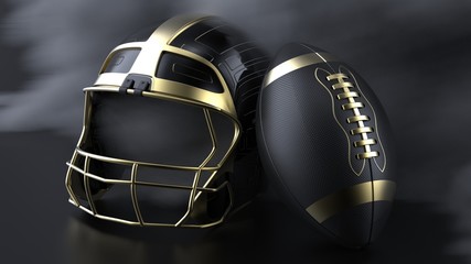 American football gold-black helmet and Ball with dark black toned foggy blur smoke under black-white laser lighting. 3D illustration. 3D high quality rendering.