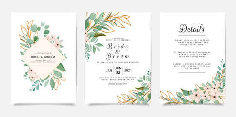 Fototapeta na wymiar Elegant leaves with glitter wedding invitation card card template design. Minimalist greenery with outlined floral illustration on white background