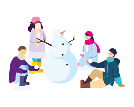group of people with snowman on white background
