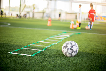 Football and Ladder Drills on green artificial turf with blurry kid soccer players are training background. Soccer academy.