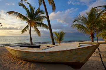 Fototapeta na wymiar Boat on the beach of Le Morne Brabant, Mauritius
