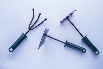 Set of garden tools isolated on white background. Top view, flat lay.
