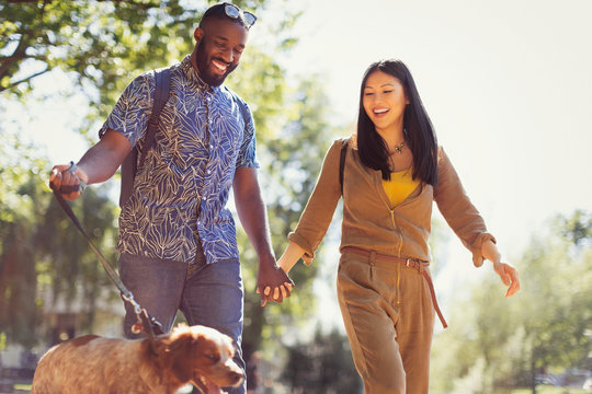 Smiling young couple walking dog in sunny park