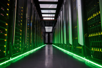 Glowing panels in dark server room
