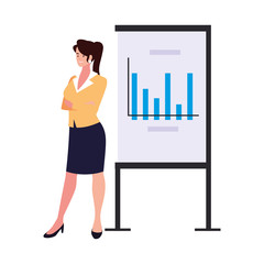 businesswoman standing with graphs on white background
