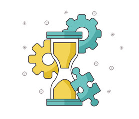 hourglass with gear wheels and jigsaw piece, colorful design