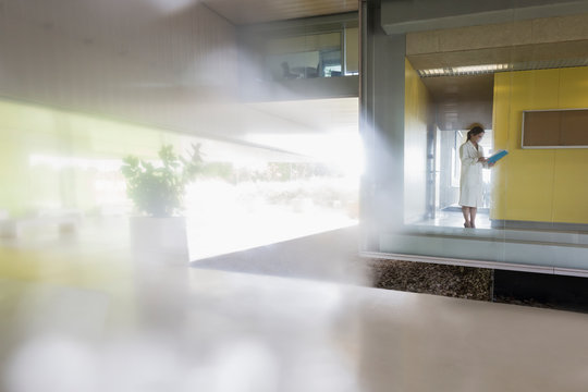 Female scientist standing at window in modern office
