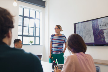 Female architect at television screen leading conference room meeting