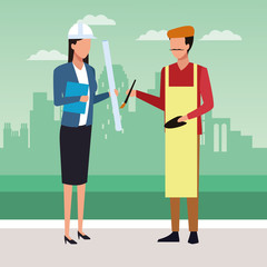 enginner woman and artist standing, colorful design