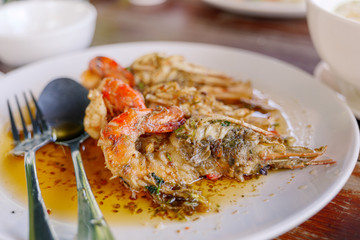 Asian Thai Style of stir fry shrimp or prawn with garlic and butter.