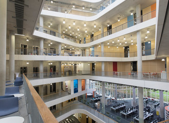 Modern office atrium with balconies