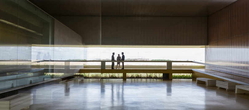 Silhouette business people talking in distance in modern office