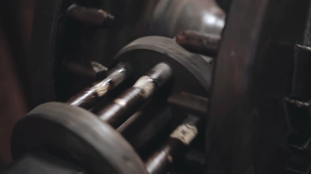 Da Vinci's wooden transmission mechanism in close-up. Inventions and science.