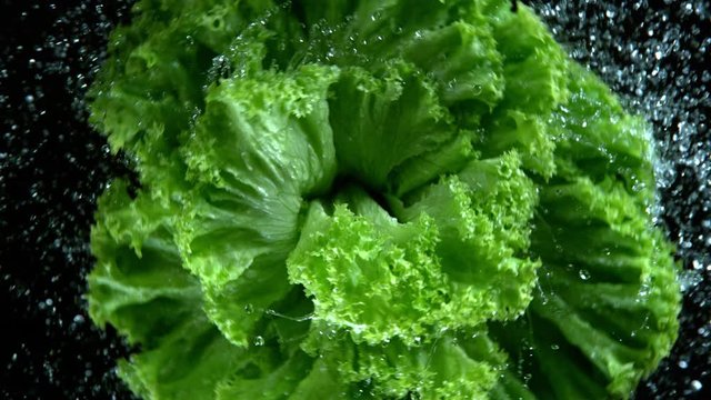 Super Slow Motion Shot of Rotating and Splashing Fresh Lettuce at 1000fps.