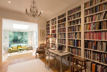 Books on bookshelves in luxury home showcase interior library