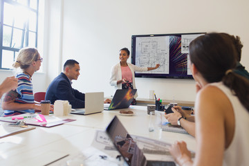 Female architect at television screen leading conference room meeting