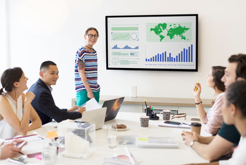 Female architect at television screen leading conference room meeting