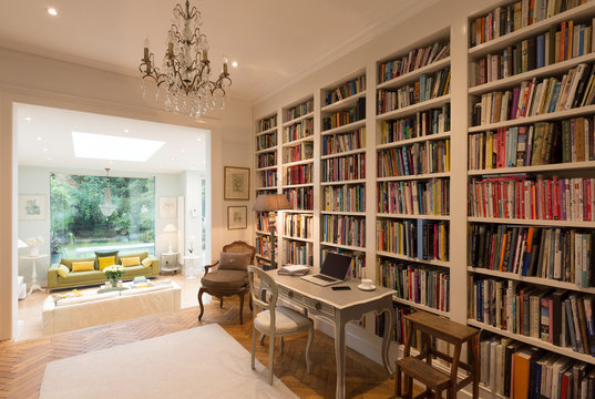 Books on bookshelves in luxury home showcase interior library - Powered by Adobe