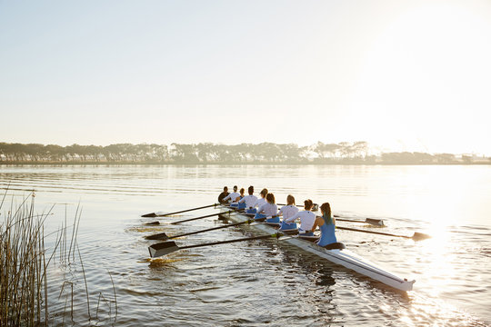 Female rowing team rowing scull on sunny lake