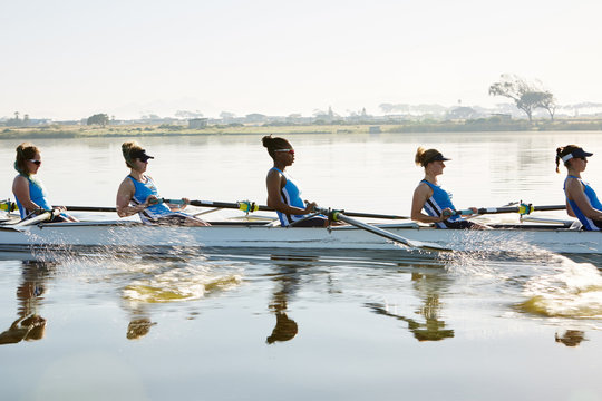 Female rowing team rowing scull on sunny lake