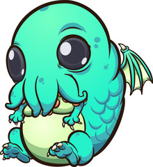 Baby Cthulhu sitting and looking cute cartoon. Vector clip art illustration with simple gradients. All in a single layer.