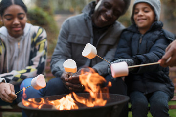 Grandfather and grandchildren roasting marshmallows at campfire