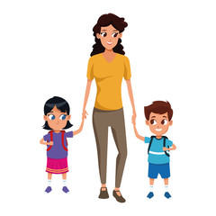 Cartoon woman with little kids icon, colorful design