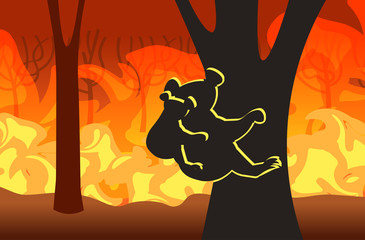 koala with joey silhouettes sitting on tree forest fires in australia animals dying in wildfire bushfire natural disaster concept intense orange flames horizontal vector illustration