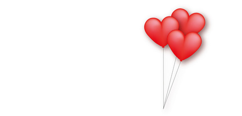 Valentines motive with red balloons on white background with copy space.