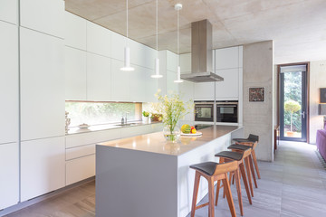 Modern white kitchen with kitchen island