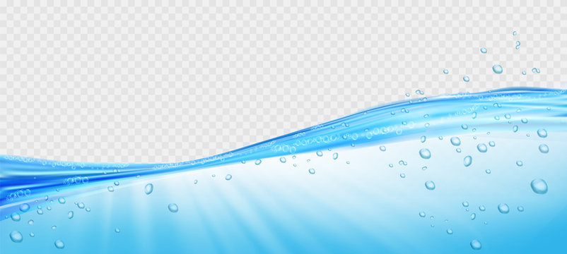 Water waves with air bubbles and sunbeams on transparent background. Vector illustration