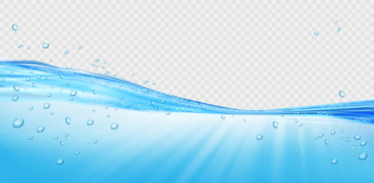 Water waves with air bubbles and sunbeams on transparent background. Vector illustration