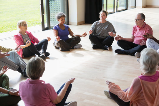 Serene active seniors meditating in circle