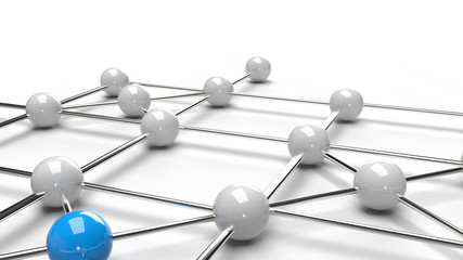 The Abstract design connection design Blue and white sphere network structure 3d rendering.