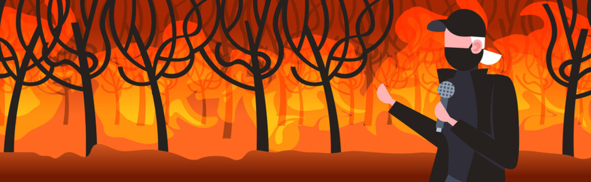 breaking news reporter in mask talking to microphone bushfire global warming natural disaster concept dangerous wildfire development dry woods burning trees portrait horizontal vector illustration