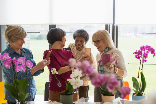 Happy senior women with camera phones enjoying flower arranging class