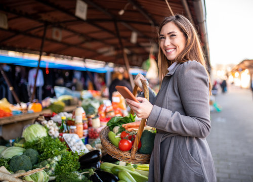 Beautiful caucasian brunette holding basket with vegetables in one hand and in other smart phone with grocery list while standing at farmer's market.