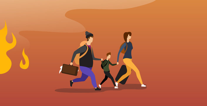 australian family running from forest fires in australia parents and child with baggage evacuation wildfire bushfire natural disaster concept intense orange flames horizontal full length vector