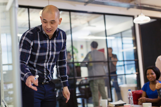 Businessman leading meeting, pointing to whiteboard
