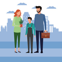 Businessman with teenager and Woman holding a plant