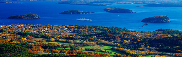 Cruise ship and Mount Desert Island, Acadia National Park, Maine