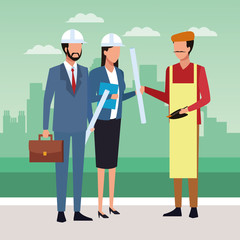 Enginners couple and artist standing, colorful design