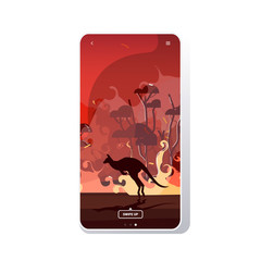 kangaroo running from forest fires in australia animals dying in wildfire bushfire burning trees natural disaster concept intense orange flames smartphone screen mobile app vector illustration