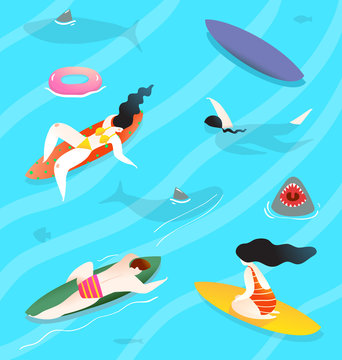 Swimming and relaxing people in the water, with sharks around, comic contemporary print.