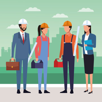 Enginners and builders standing, colorful design