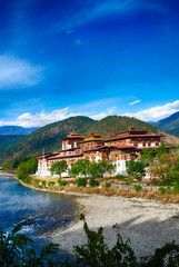 Punakha Dzong  fortress sits at the confluence of two rivers-Pho Chu and Mo Chu.  Punakha,  Bhutan