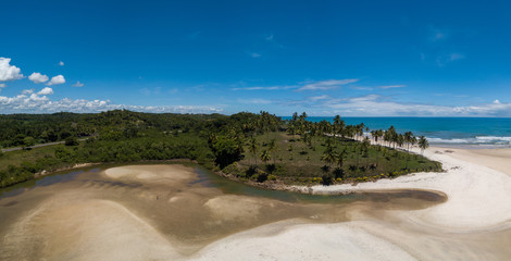 Panoramic Aerial drone view of Cururupe beach in Ilhéus city, B