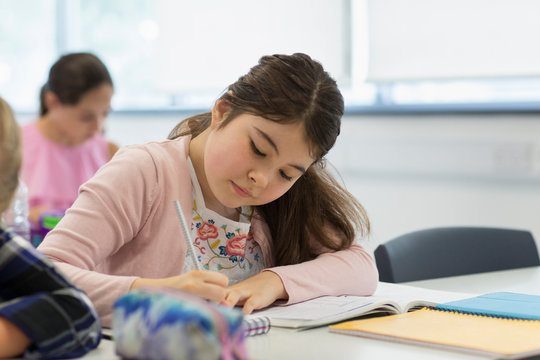 Focused junior high school girl student doing homework in classroom