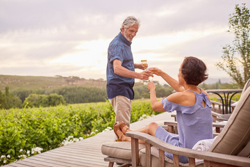 Mature couple drinking champagne on deck